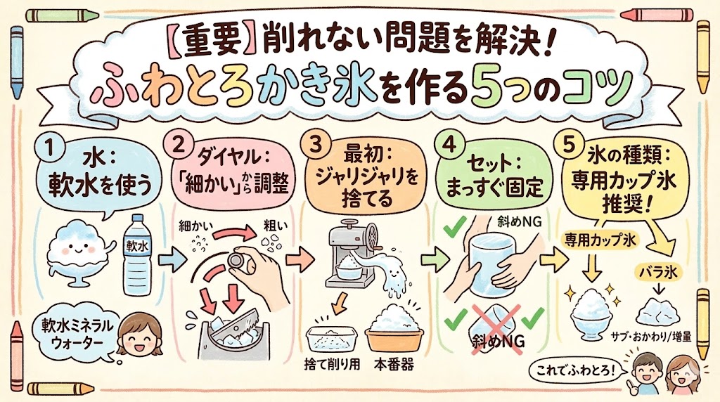 ドウシシャかき氷機でふわとろかき氷を作る5つのコツを図解したイラスト
