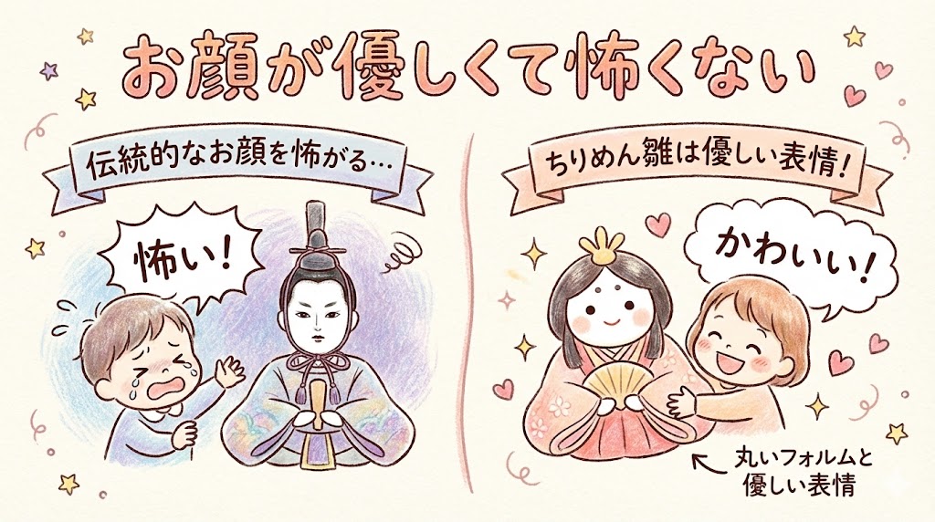ちりめん雛人形メリット：お顔が優しくて怖くない
