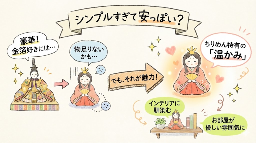 ちりめん雛人形デメリット：装飾がシンプルで安っぽく見える