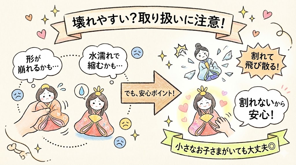 ちりめん雛人形デメリット：耐久性が低く取り扱いに注意が必要